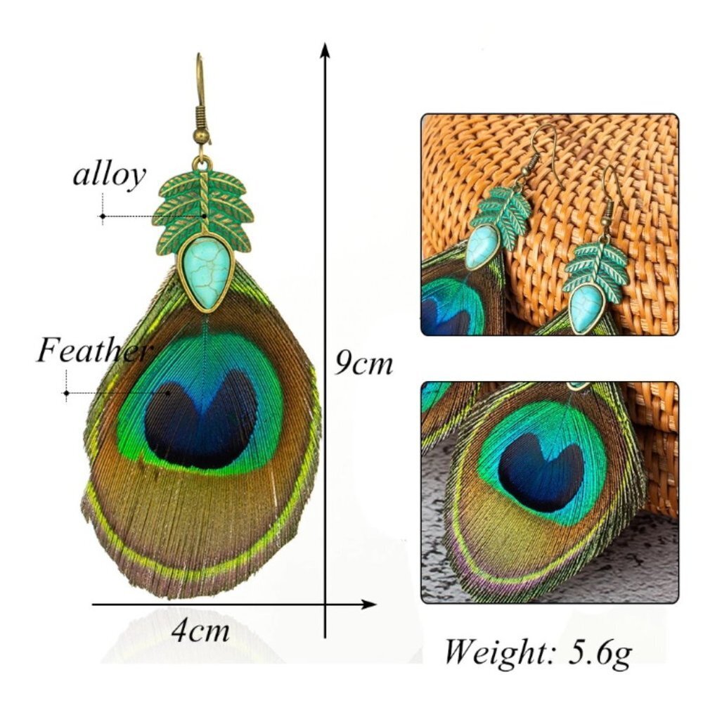 Feather earrings jewelry ethnic peacock large green blue dangle drop new